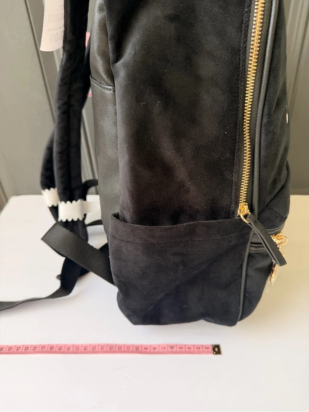 Juicy Couture Black Logo Velvet Backpack with Gold Hardware and Pink Charm